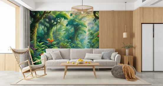 Modern living room with Lush Rainforest Retreat wall mural and green foliage., GD7998