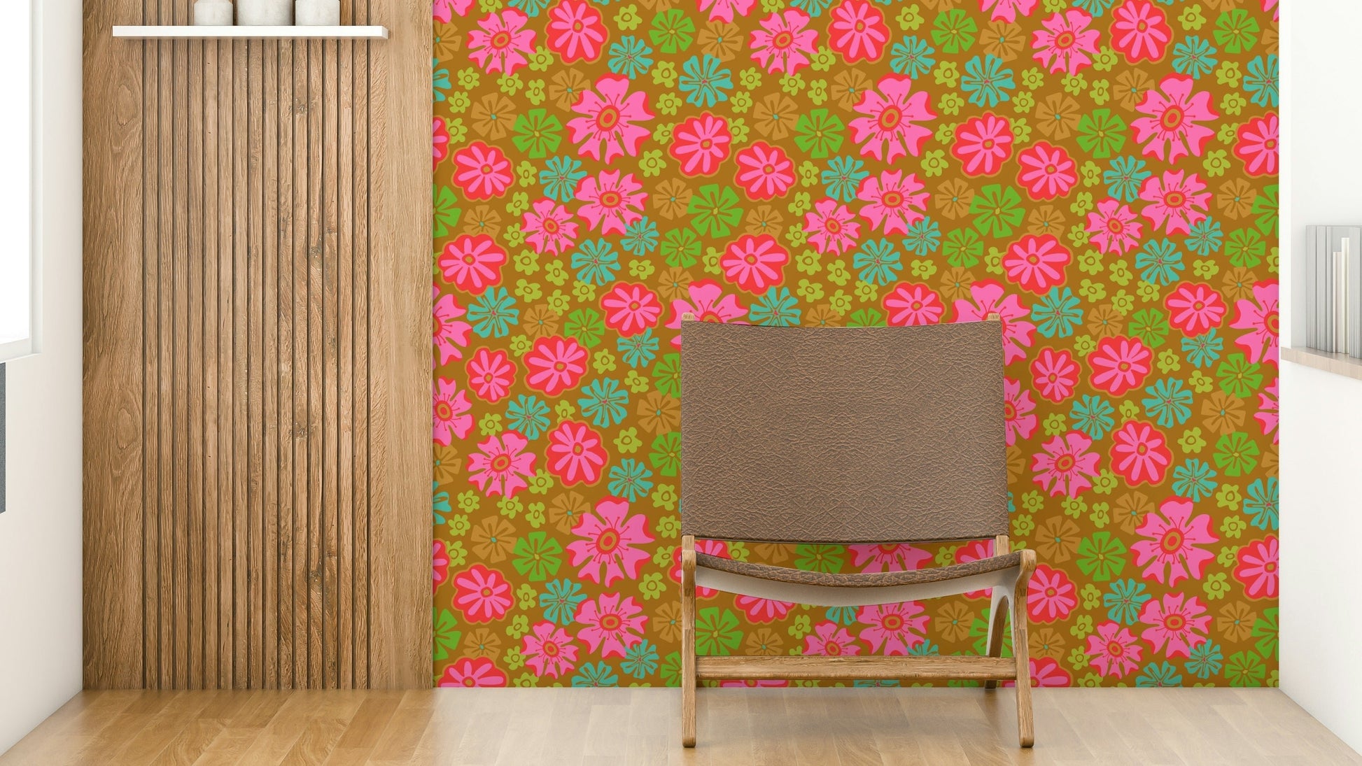 A wall mural featuring a bold, tropical floral pattern.

