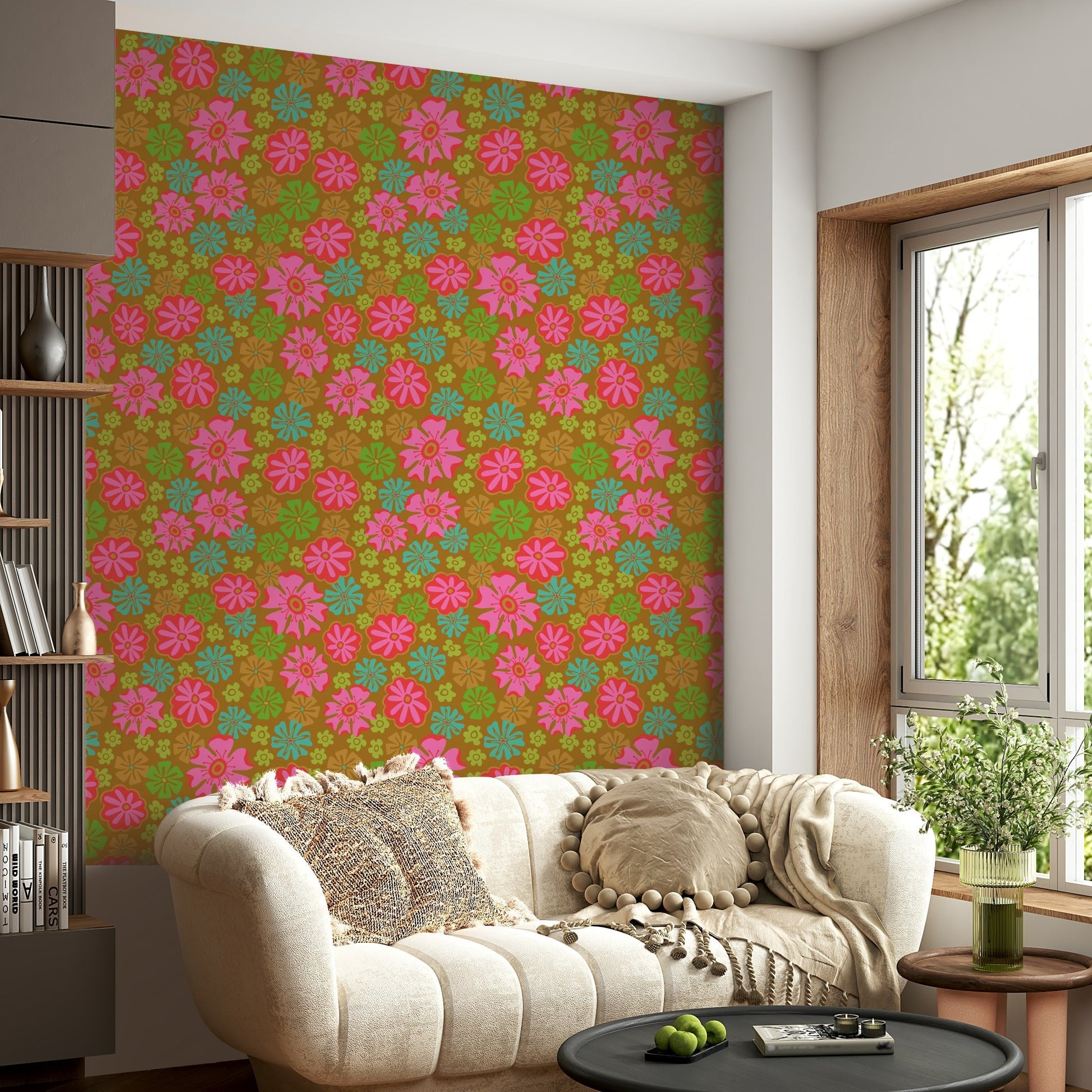 The image shows a full wall with a pattern of large flowers and leaves.

