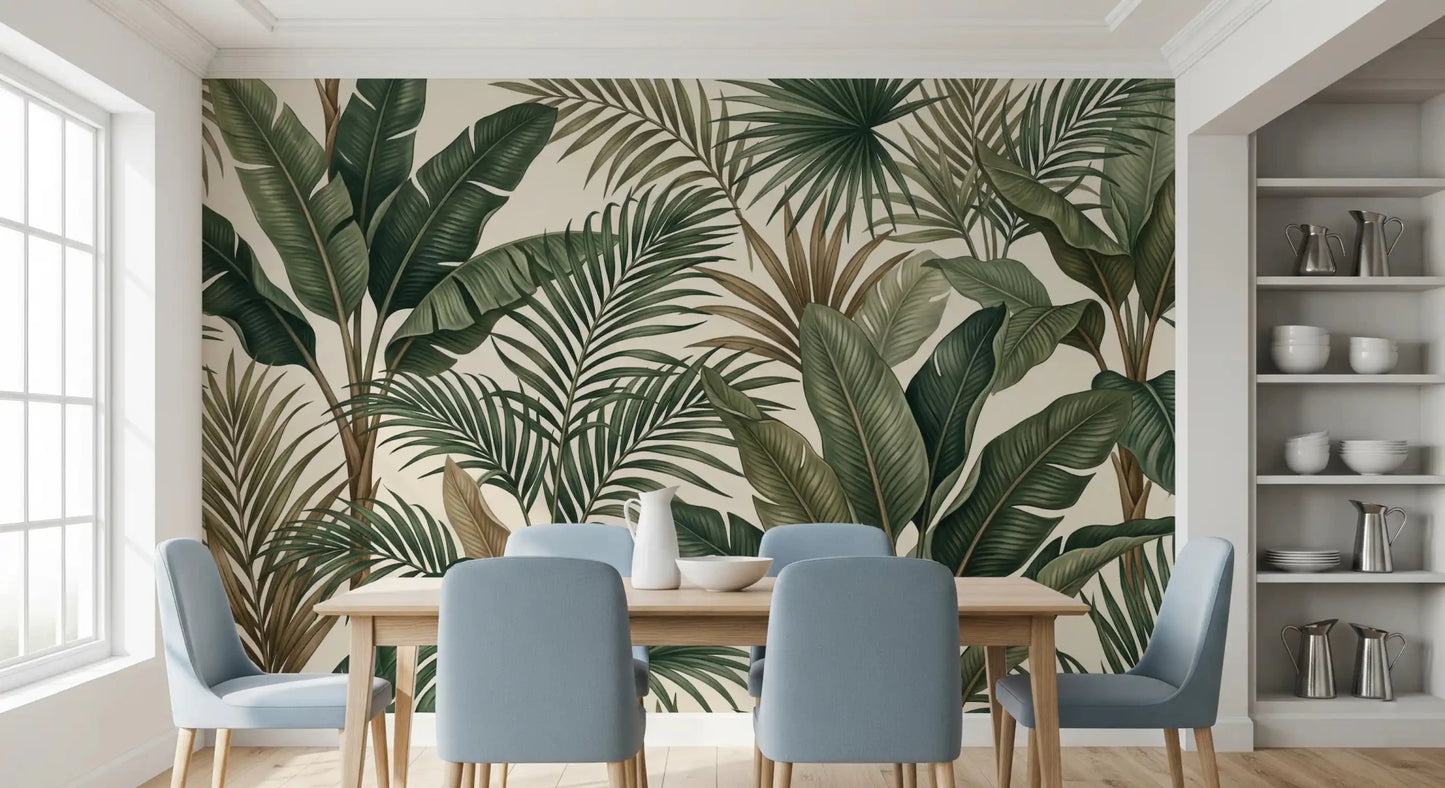Green leaf wall mural Lush Tropical Foliage calm tones