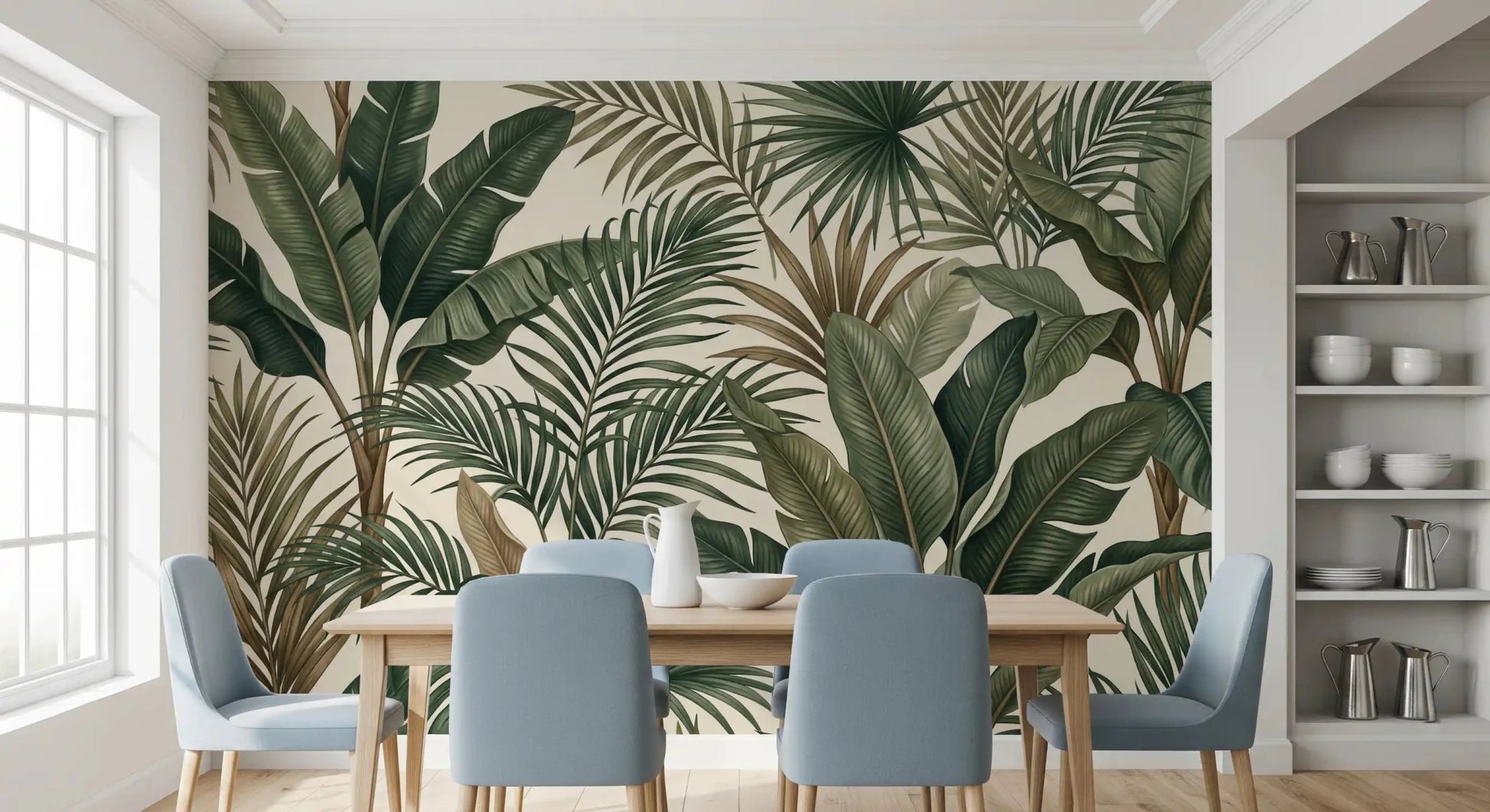 Green leaf wall mural Lush Tropical Foliage calm tones