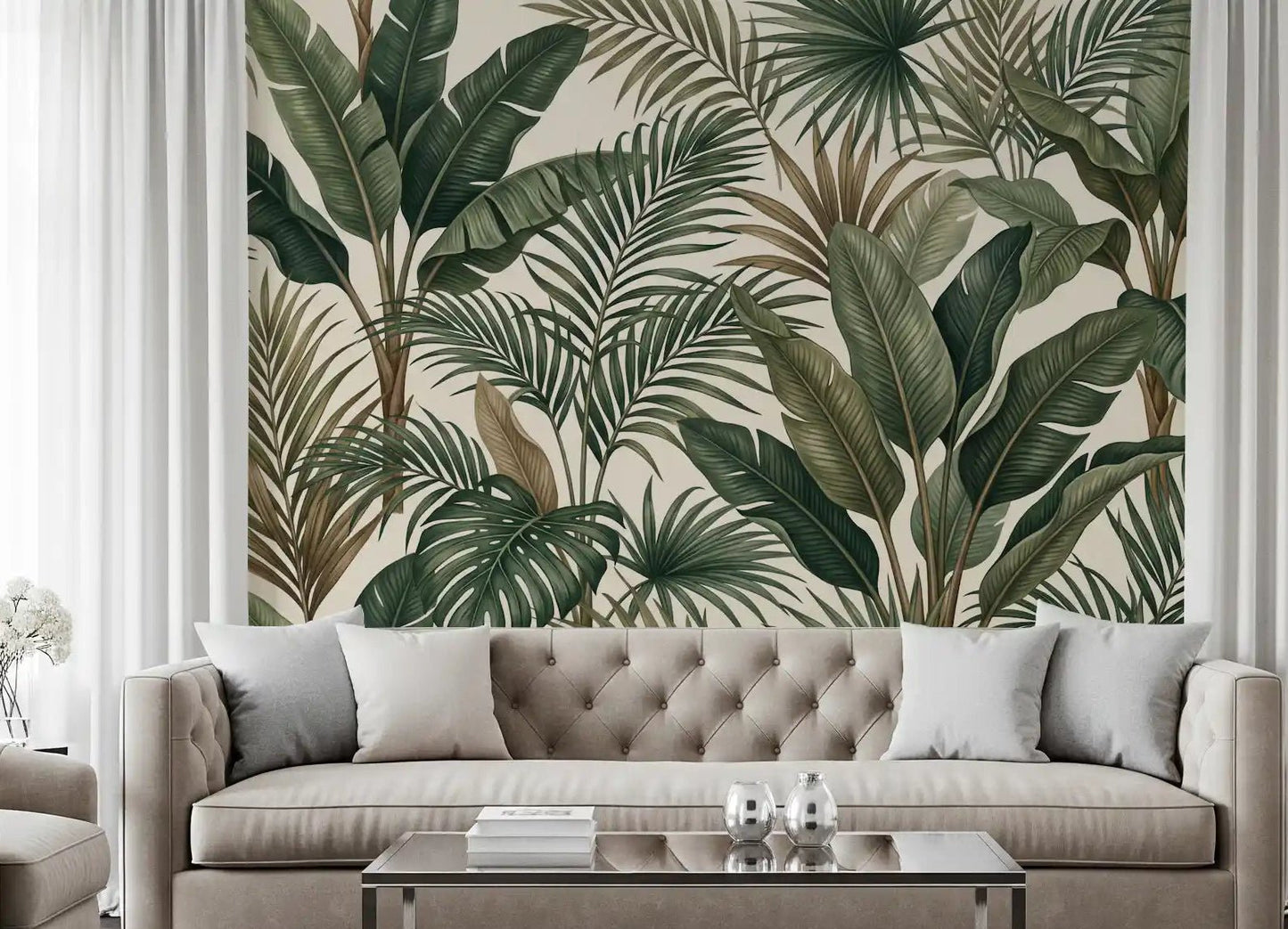 Living room Lush Tropical Foliage wall mural soft leaf layout