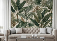 Living room Lush Tropical Foliage wall mural soft leaf layout