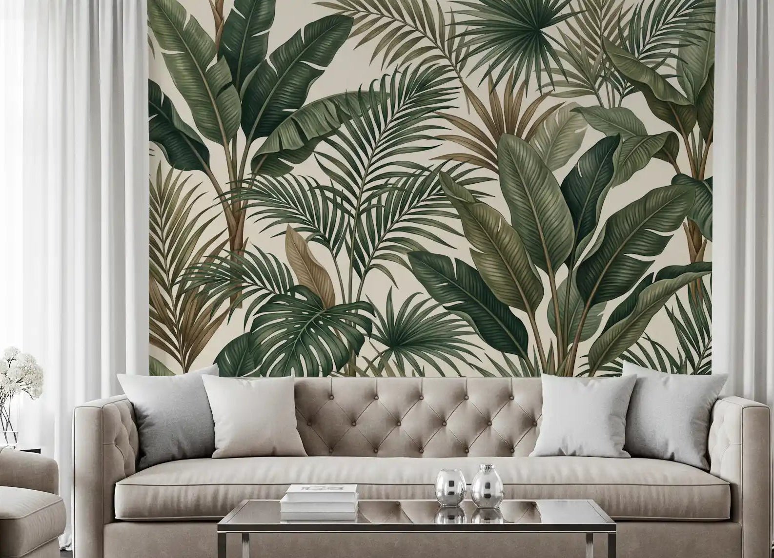 Living room Lush Tropical Foliage wall mural soft leaf layout, GD9417