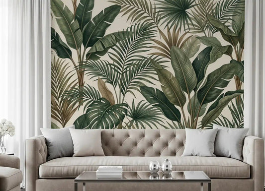 Living room Lush Tropical Foliage wall mural soft leaf layout
