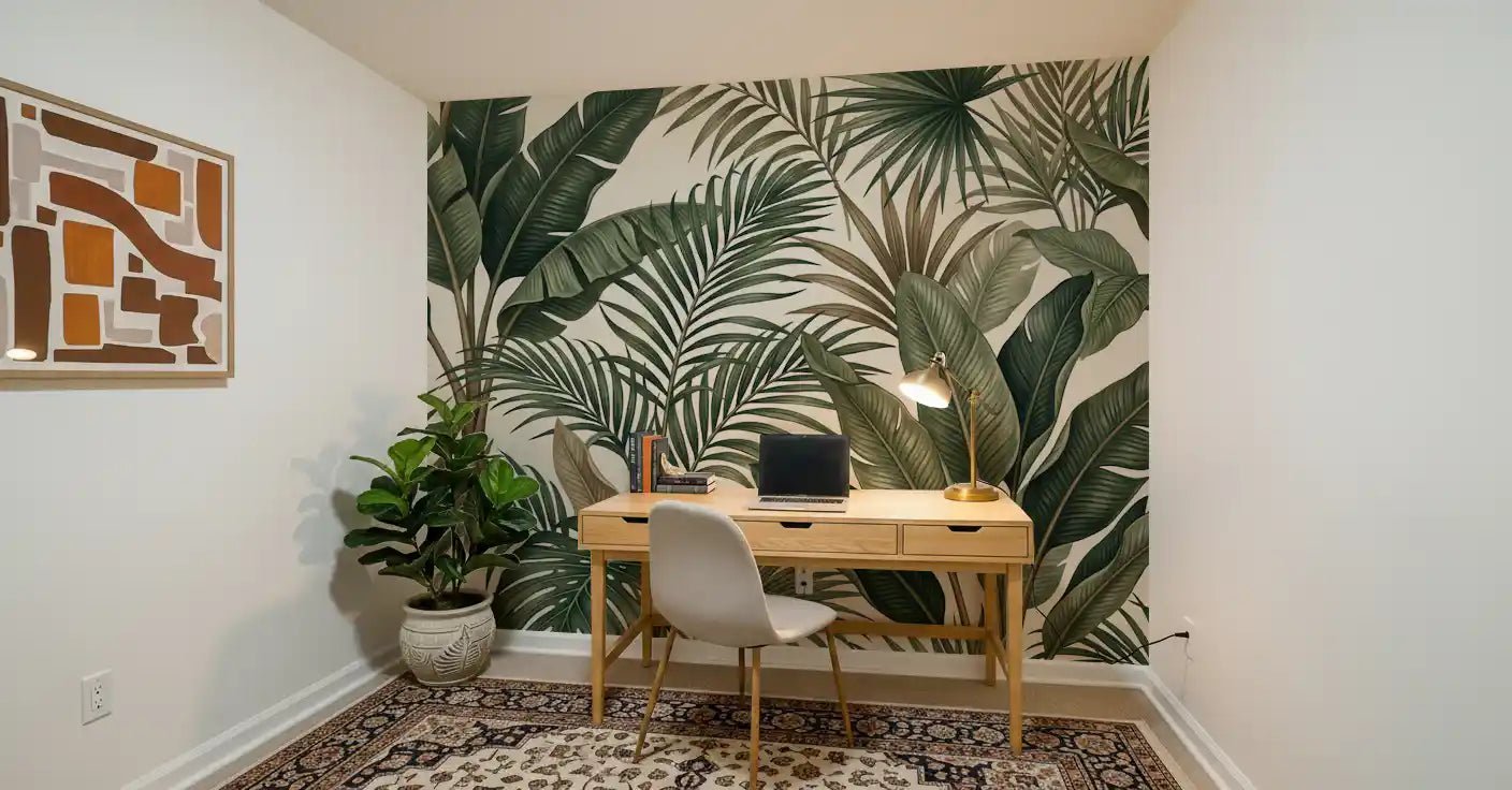 Lush Tropical Foliage wall mural with light base leaves