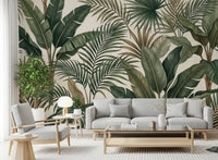 Lush Tropical Foliage wall mural soft green layered leaves
