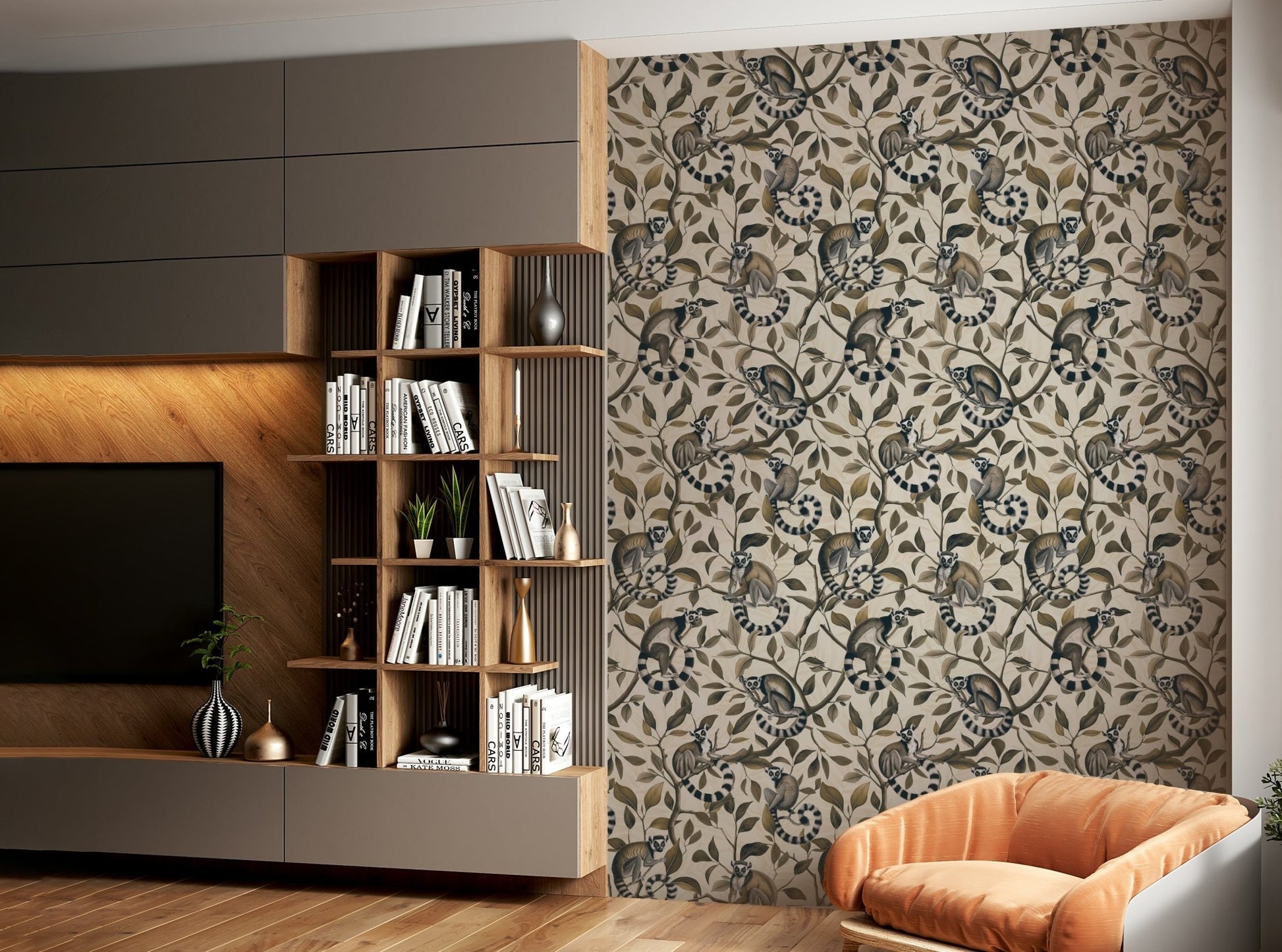 Cartoon-style lemur wall mural close-up

