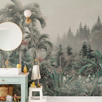 Serene green jungle wall mural design
