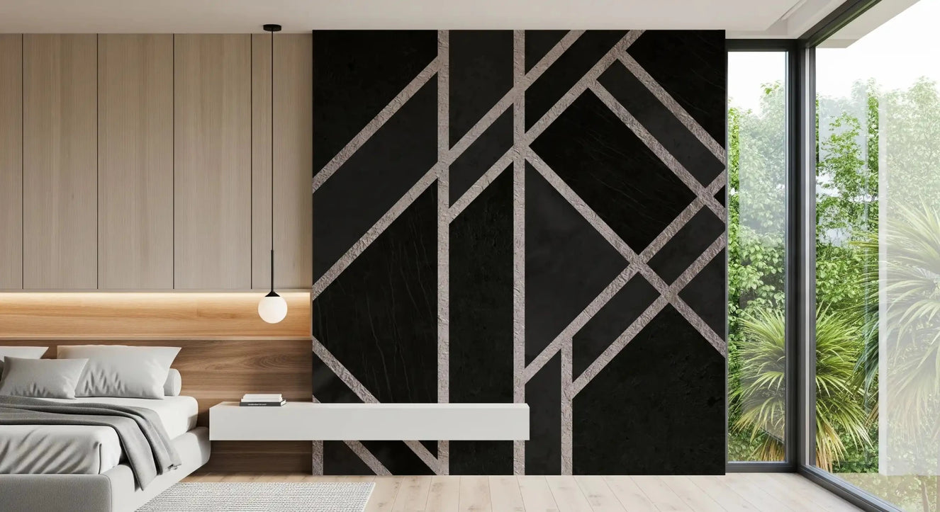 Bedroom interior with Luxe Black Art Deco mural and linear pattern detail