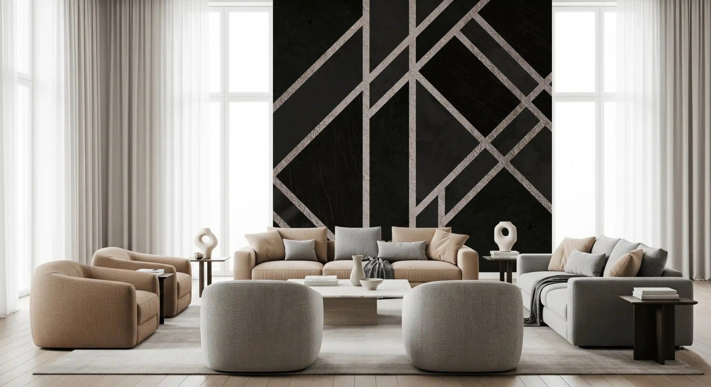 Living room with Luxe Black Art Deco wall mural and geometric linework, GD9288