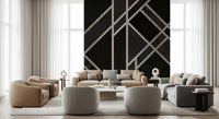 Living room with Luxe Black Art Deco wall mural and geometric linework, GD9288