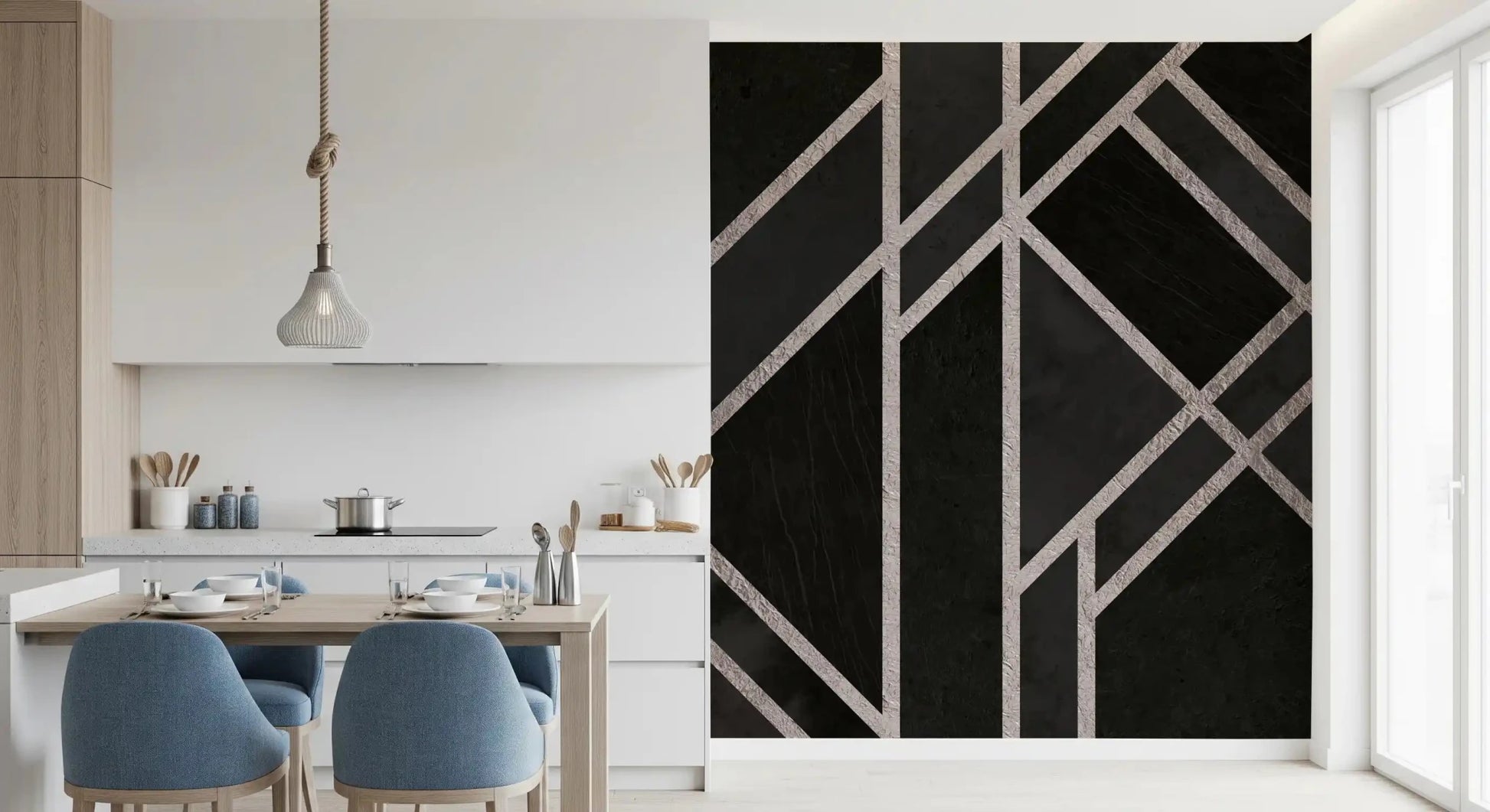 Refined black wall mural showing Luxe Black Art Deco line composition, GD9288
