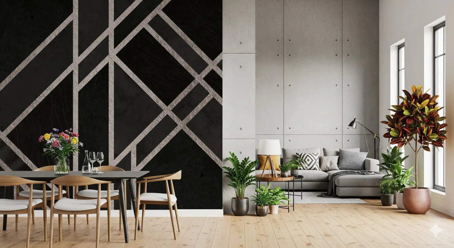 Graphic wall finish with Luxe Black Art Deco mural and angular detail, GD9288