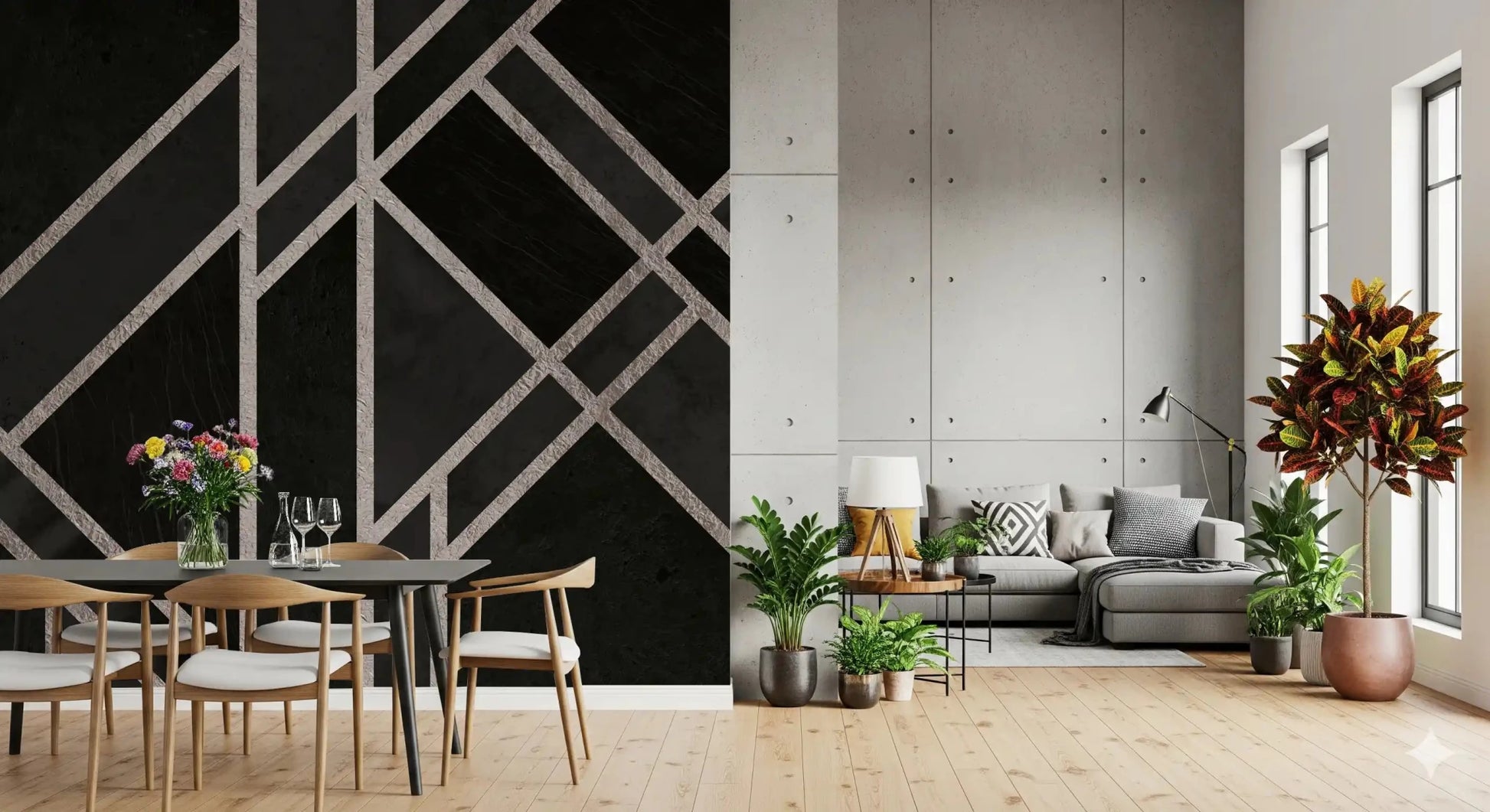 Graphic wall finish with Luxe Black Art Deco mural and angular detail, GD9288
