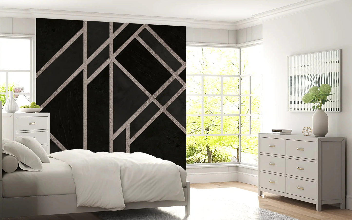 Bedroom wall in Luxe Black Art Deco mural with sharp deco framing, GD9288