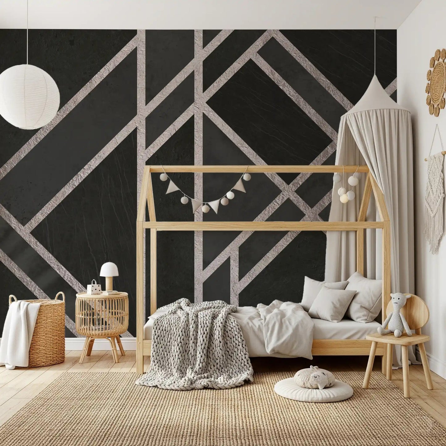 Luxe Black Art Deco wall mural with crisp framing and modern symmetry, GD9288