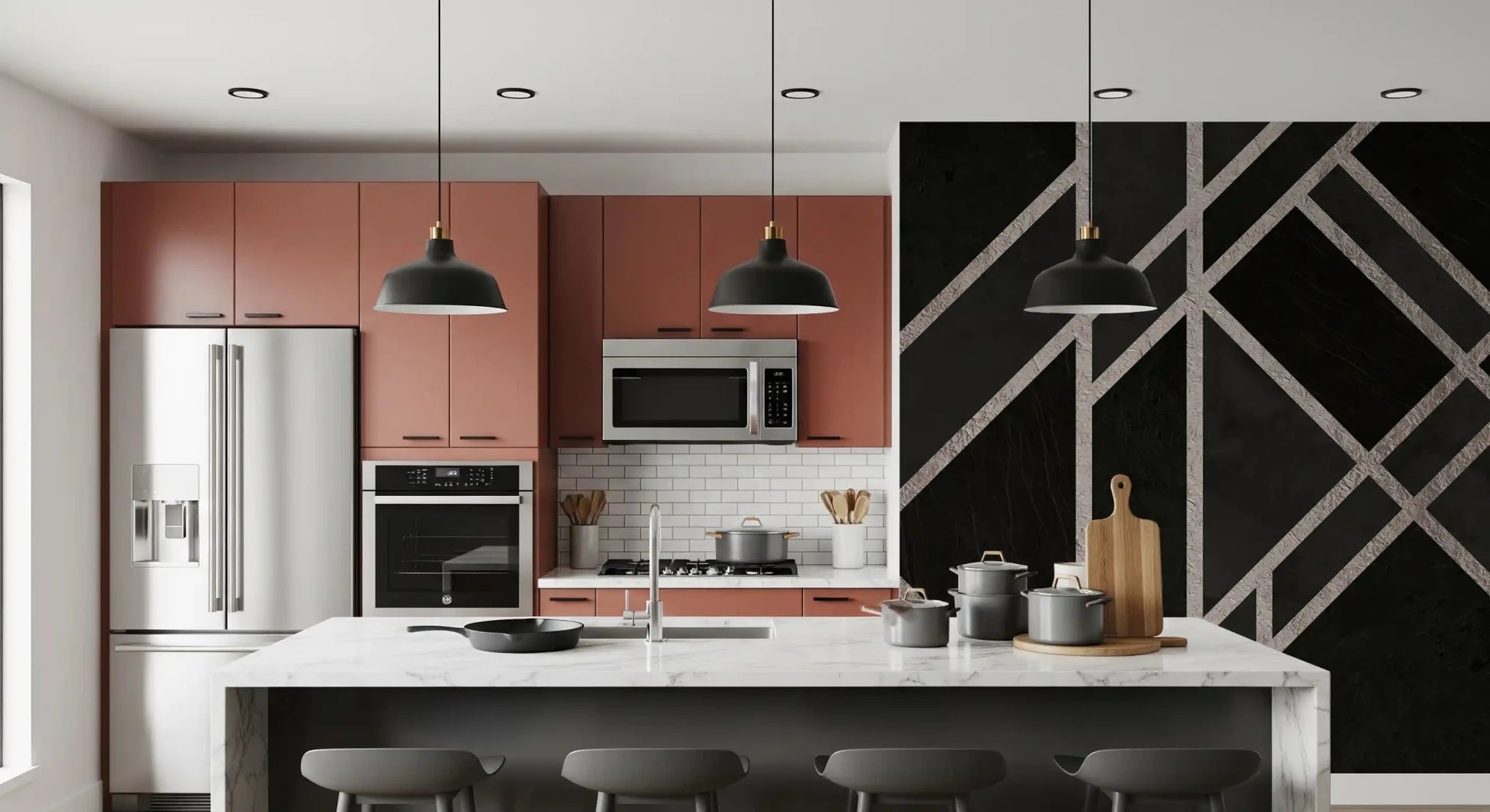 Kitchen styled using Luxe Black Art Deco wall mural on a dark base, GD9288
