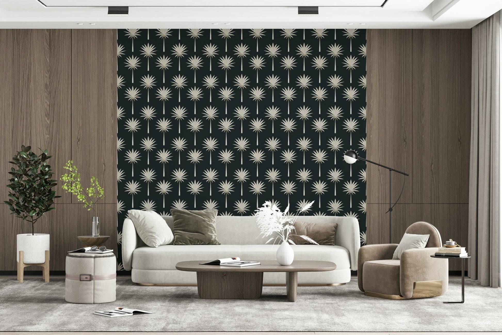 Beige and dark Luxe Palms Art Deco Tropical Flair Wallpaper background.