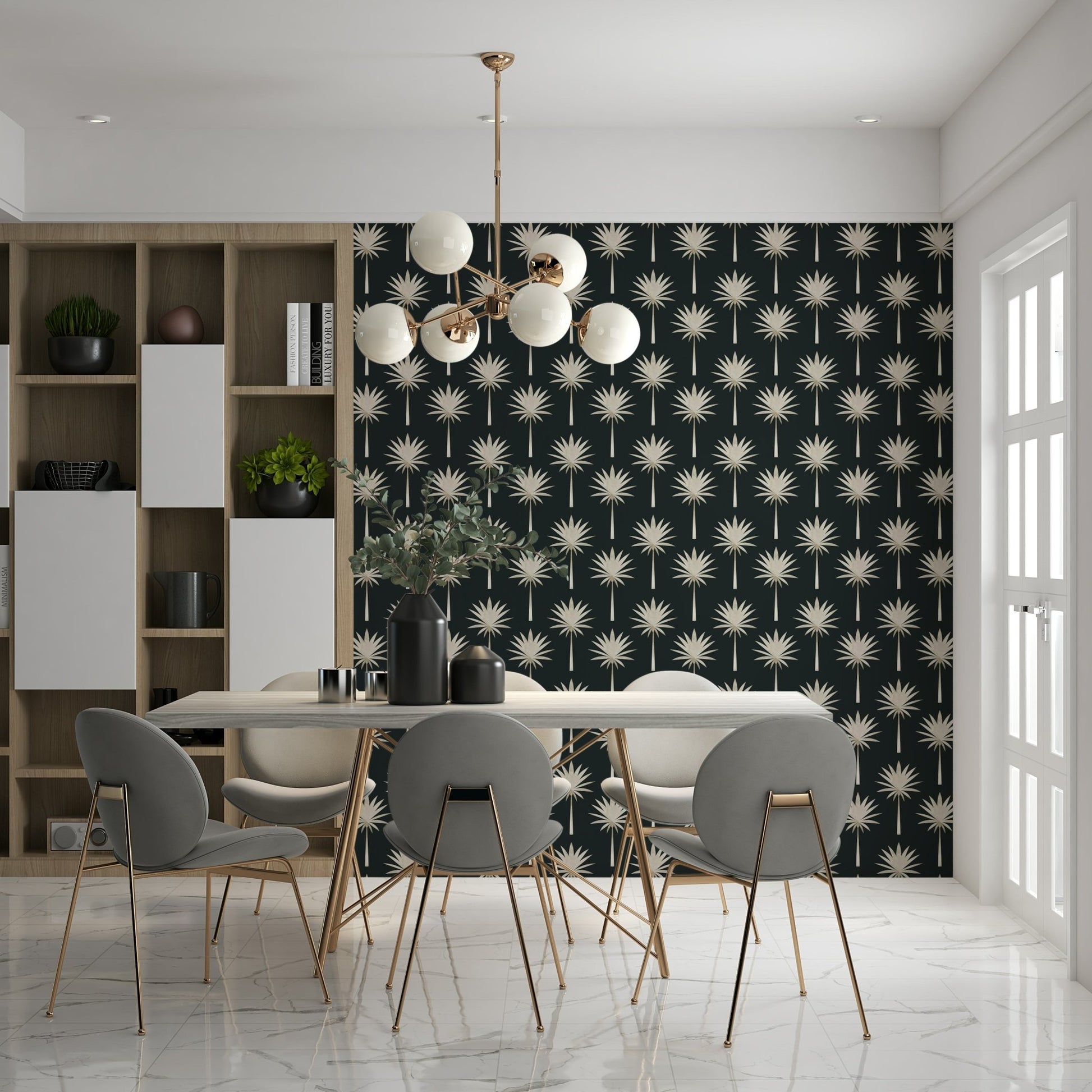 Sophisticated tropical Luxe Palms Art Deco Tropical Flair Wallpaper print.