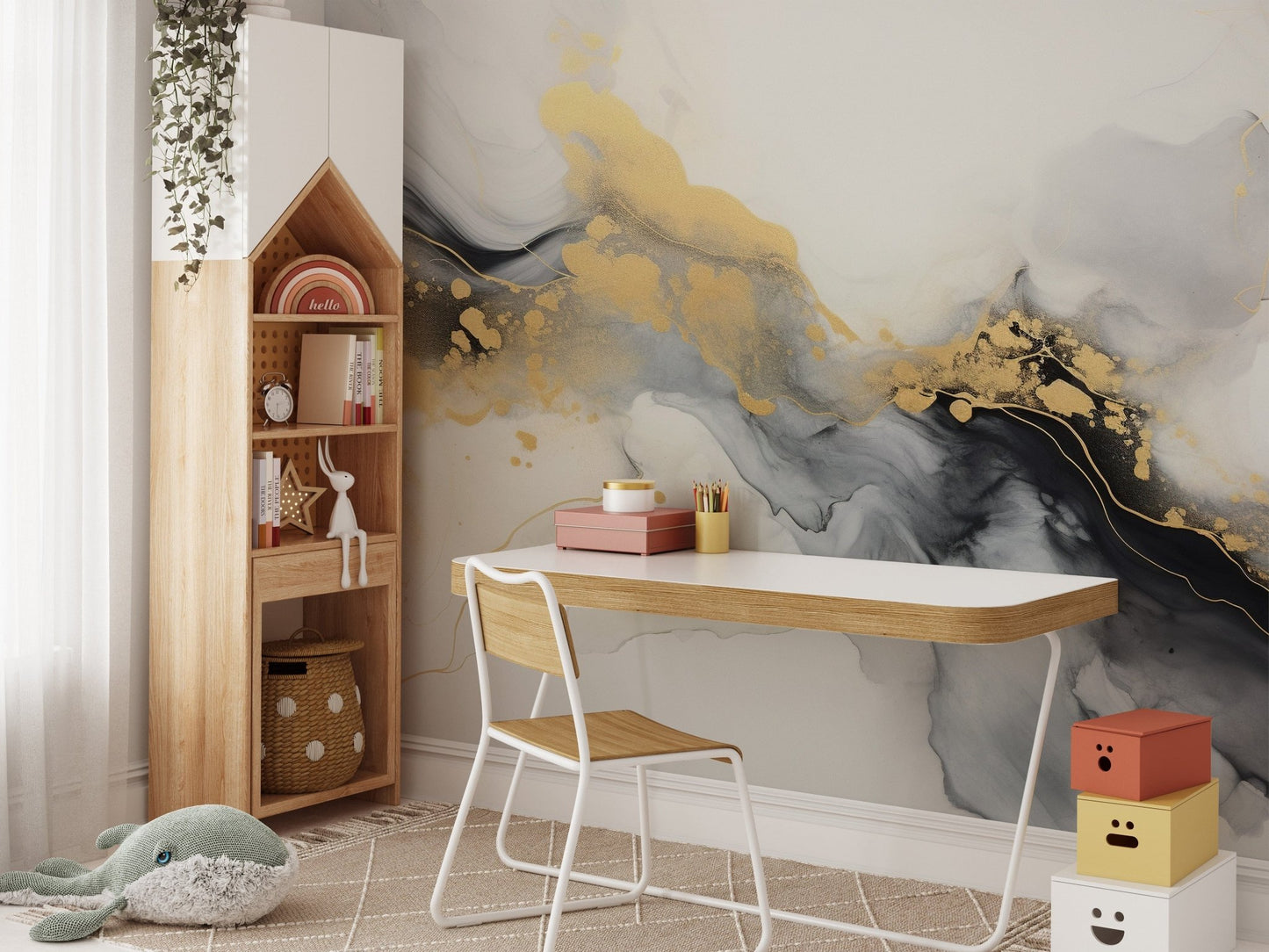 Elegant black, white, and gold abstract wallpaper.