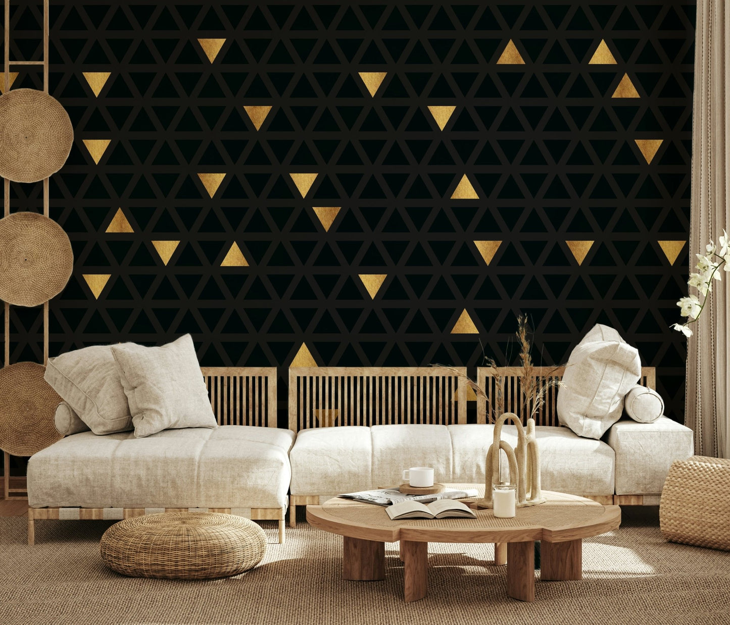 Luxury Black and Gold Triangles Wall Mural behind a tufted headboard.