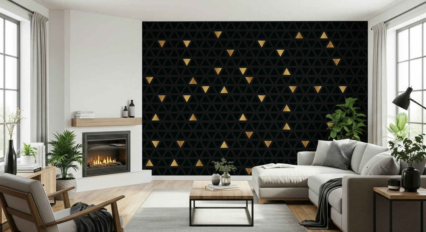 Modern art deco style using the Luxury Black and Gold Triangles Wall Mural.