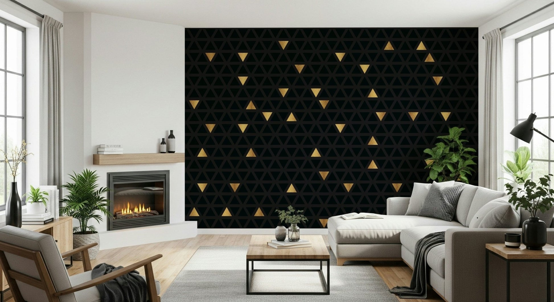 Modern art deco style using the Luxury Black and Gold Triangles Wall Mural.