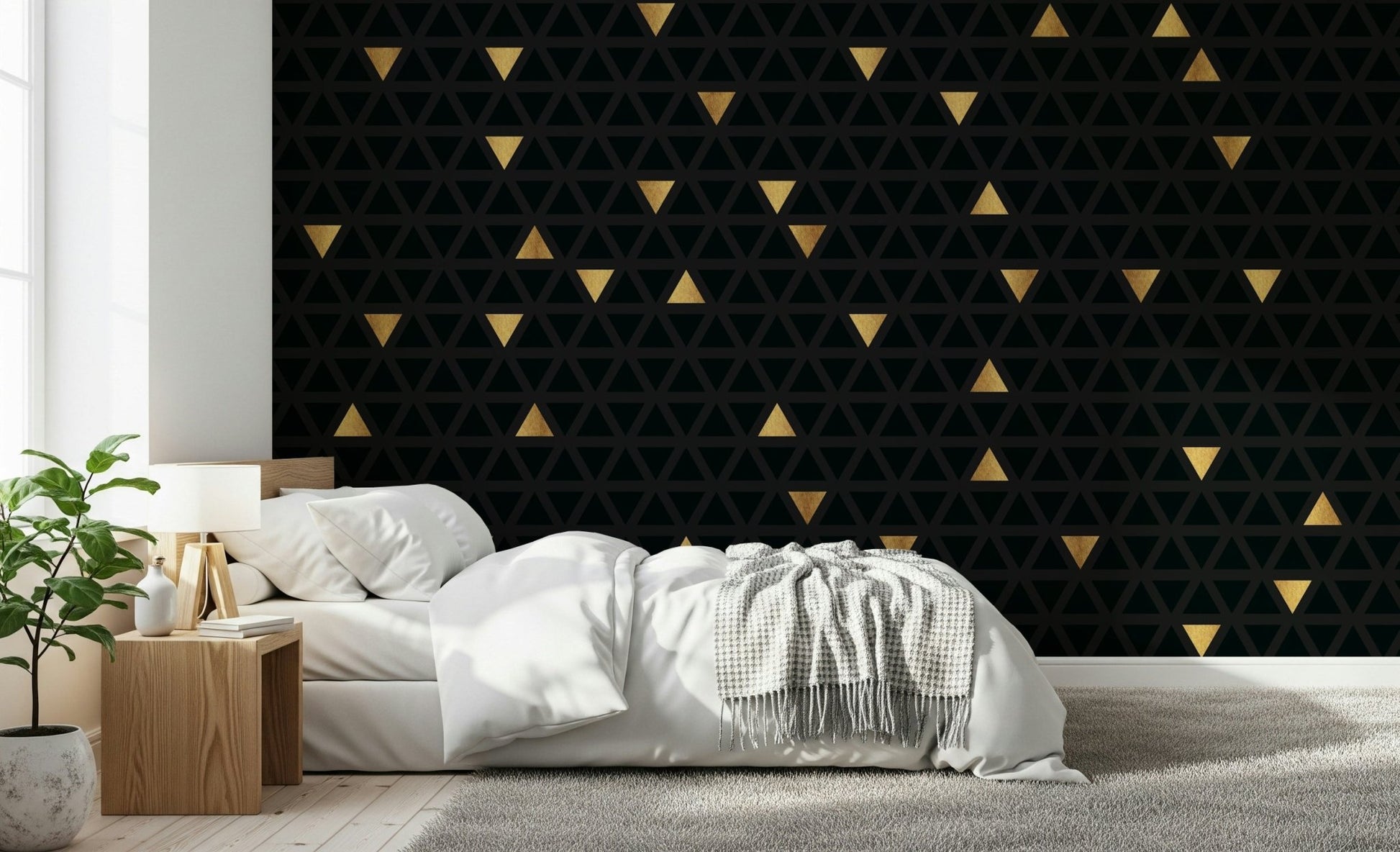Geometric pattern feature wall of the Luxury Black and Gold Triangles Wall Mural.
