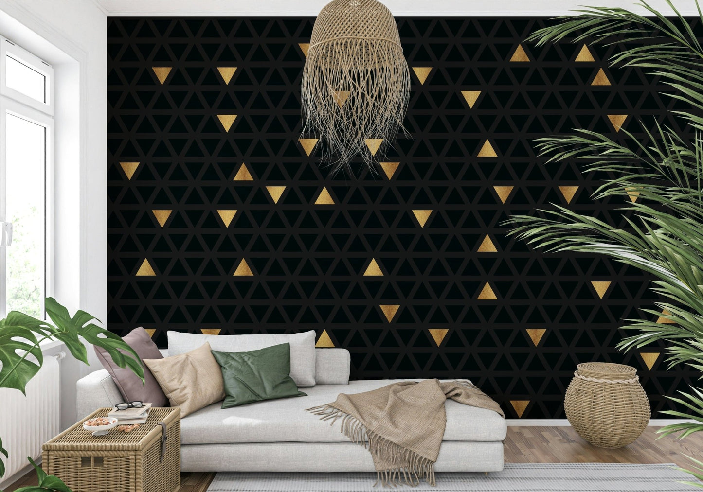 High-end apartment decor with the Luxury Black and Gold Triangles Wall Mural.