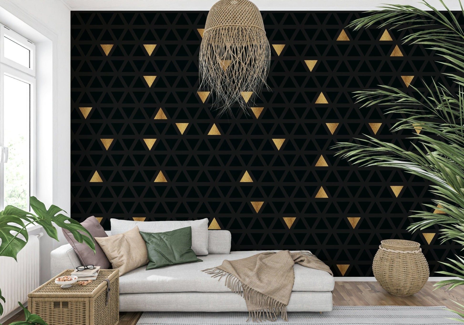 High-end apartment decor with the Luxury Black and Gold Triangles Wall Mural.