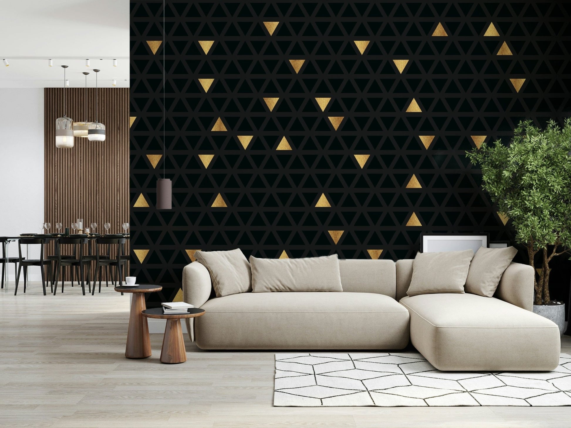 Black and gold abstract design of the Luxury Black and Gold Triangles Wall Mural.