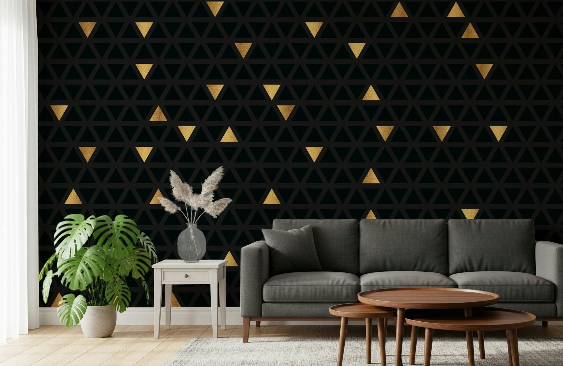 Metallic gold lines on the dark Luxury Black and Gold Triangles Wall Mural.