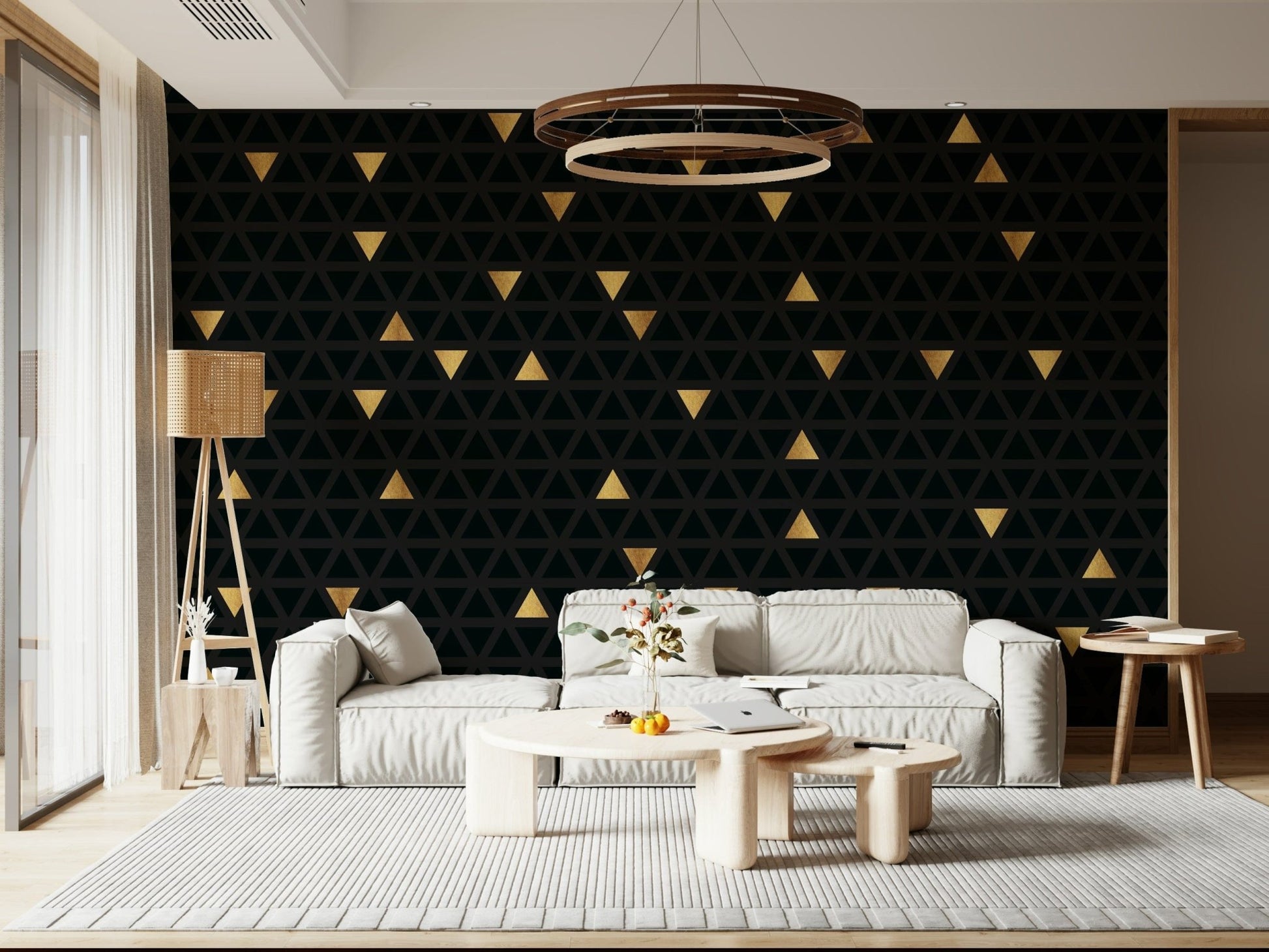 Luxury Black and Gold Triangles Wall Mural adding drama to a dining room.