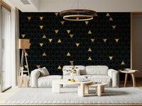 Luxury Black and Gold Triangles Wall Mural adding drama to a dining room.