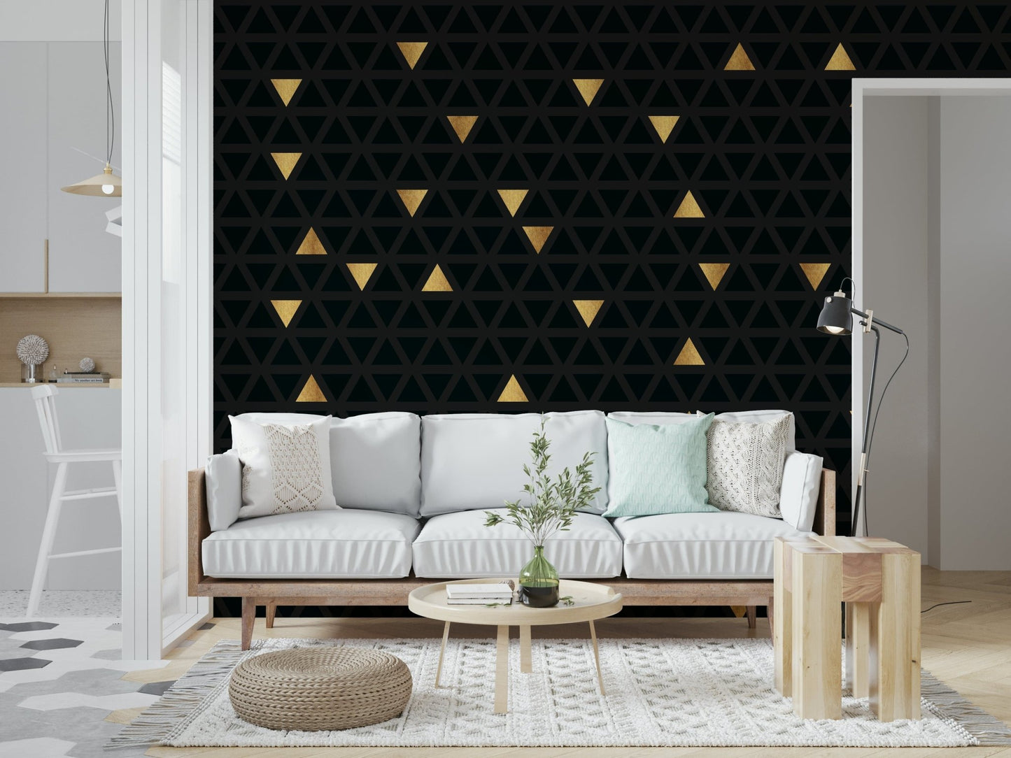 Contemporary office space featuring the Luxury Black and Gold Triangles Wall Mural.