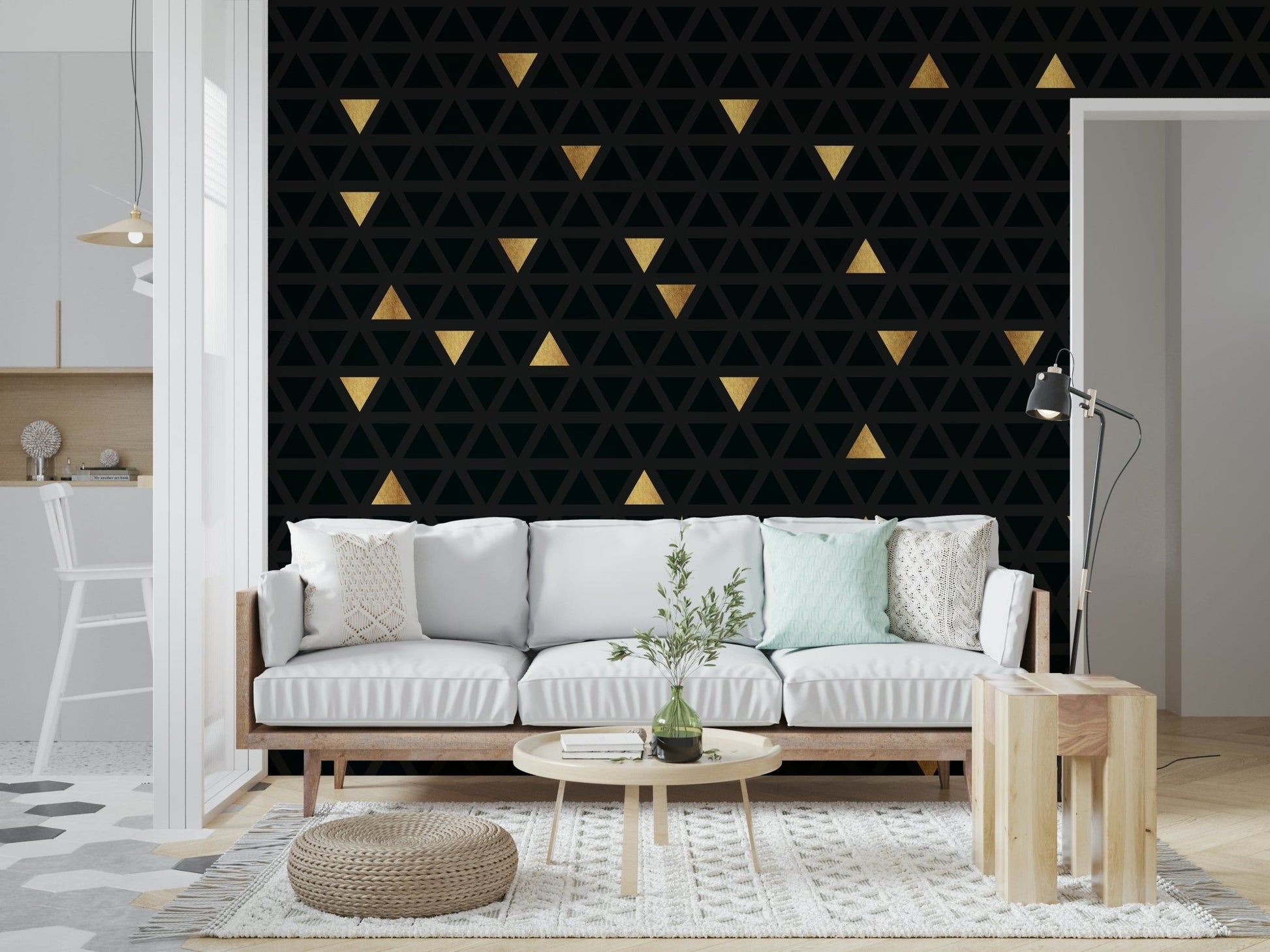 Contemporary office space featuring the Luxury Black and Gold Triangles Wall Mural.