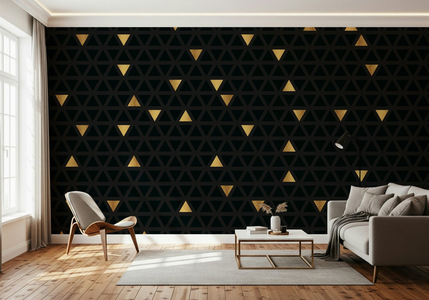Full view of a glamorous interior with the Luxury Black and Gold Triangles Wall Mural.