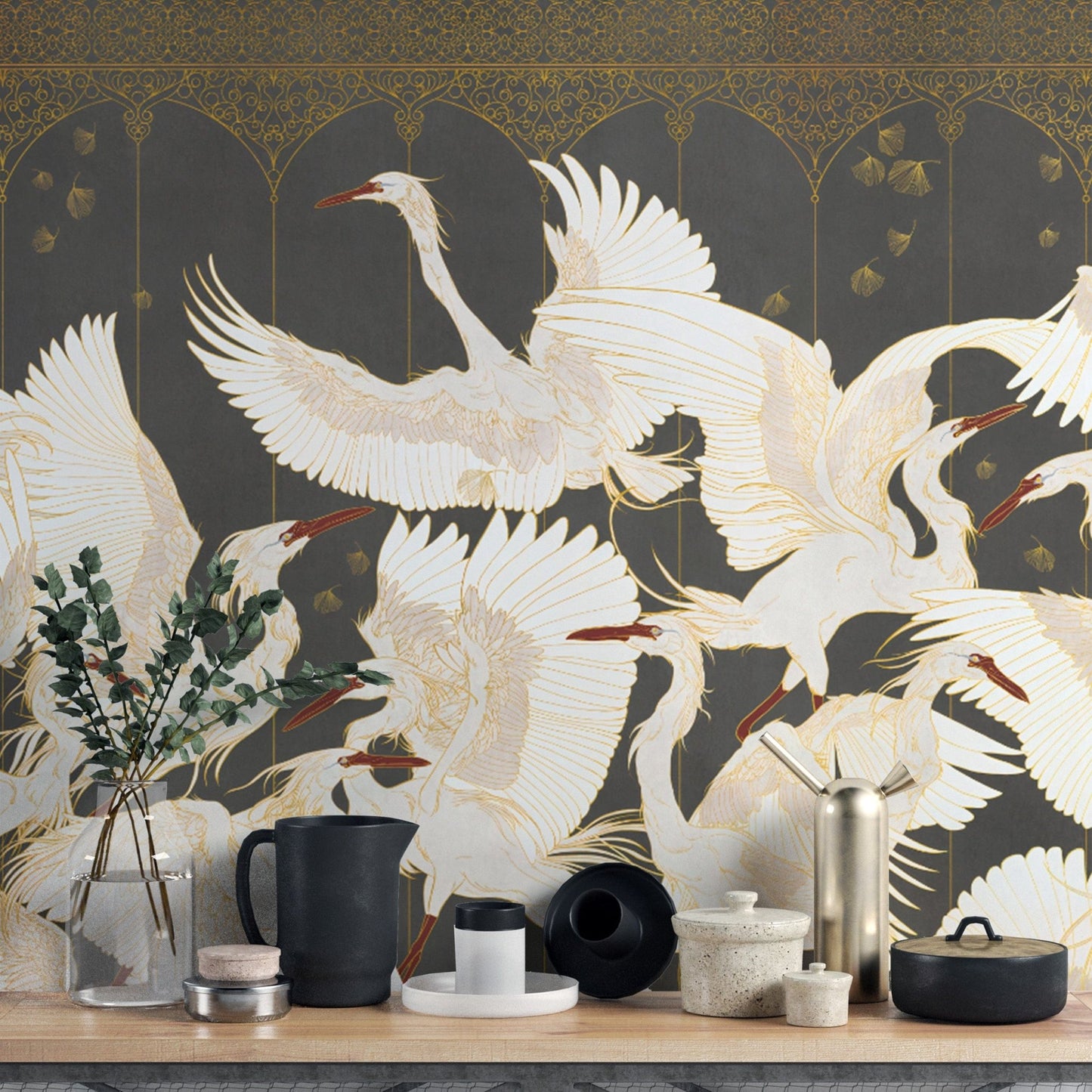 Modern wallpaper with elegant flying cranes
