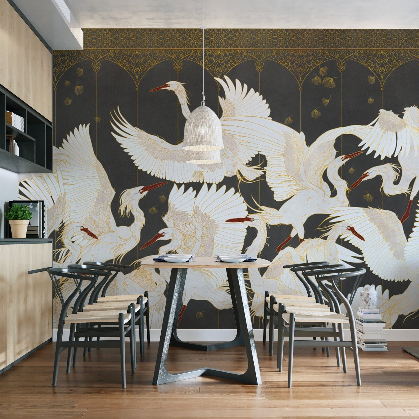 "Modern wallpaper with elegant flying cranes"
