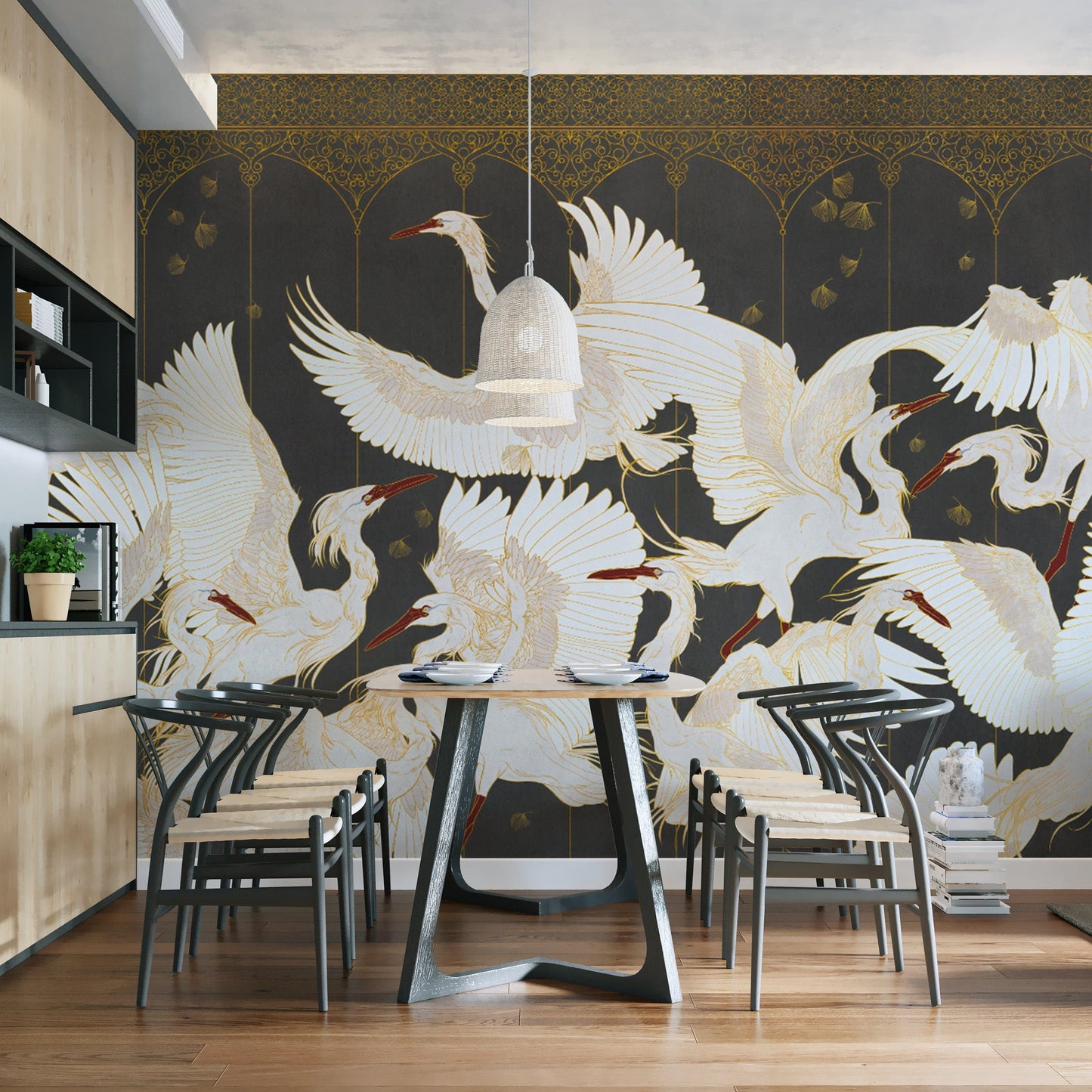 "Modern wallpaper with elegant flying cranes"
