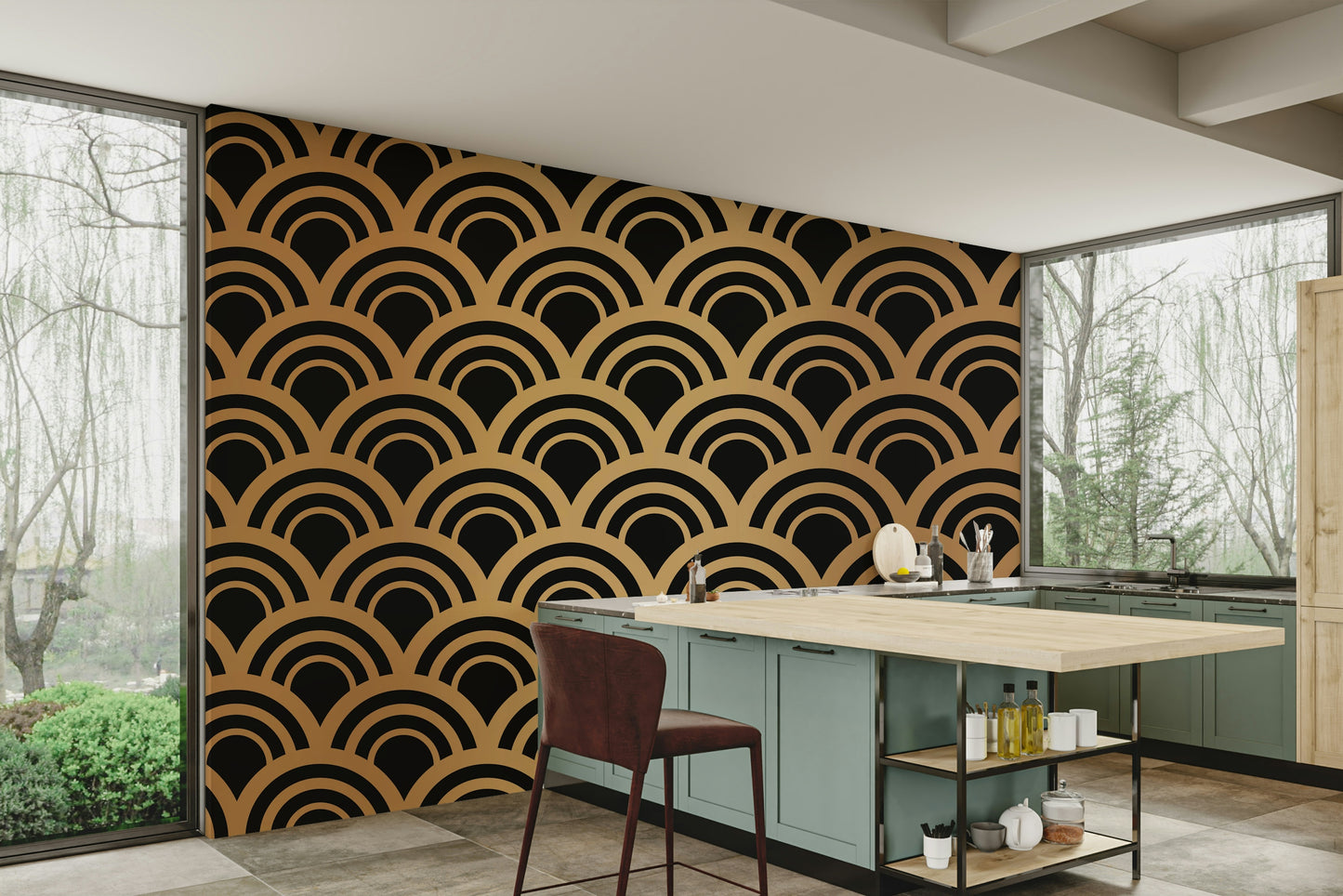 Luxury Gold Art Deco Waves Wall Mural
