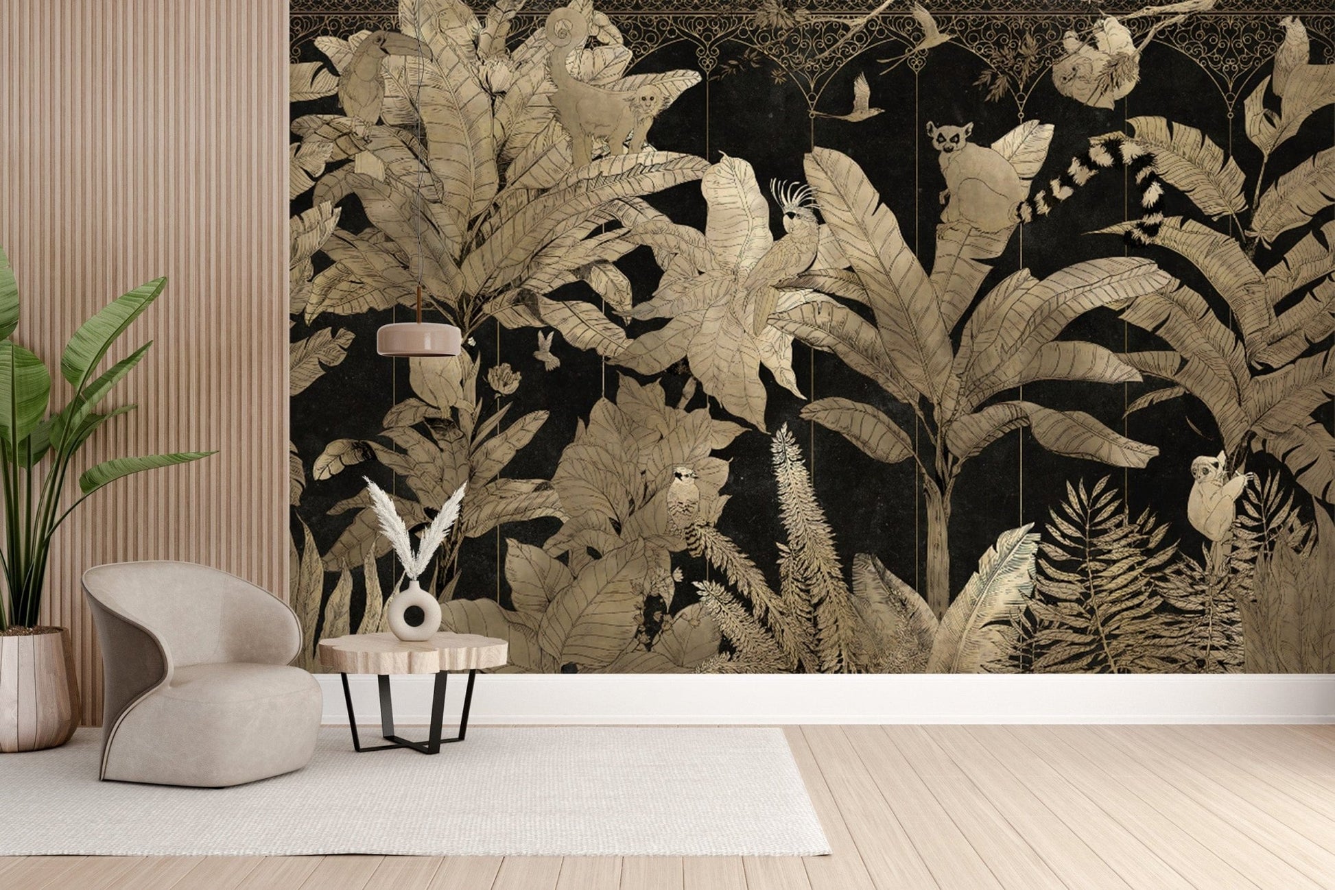 Gold tropical leaves jungle wallpaper
