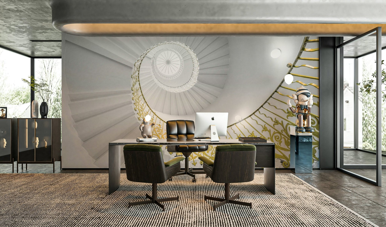 A beautiful spiral stairs wallpaper mural with gold accents.

