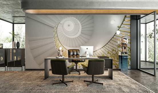 A beautiful spiral stairs wallpaper mural with gold accents., GD4709