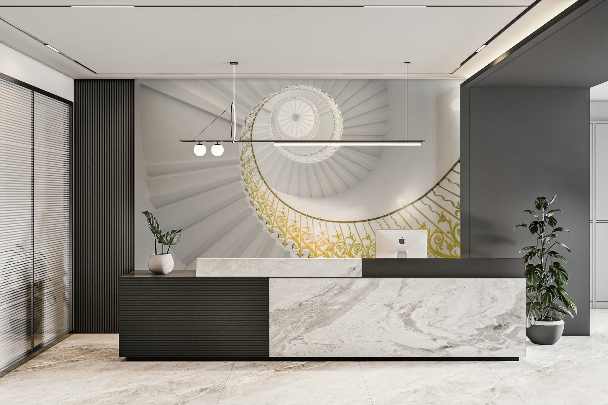 A calming modern abstract wallpaper mural that defines a space.

