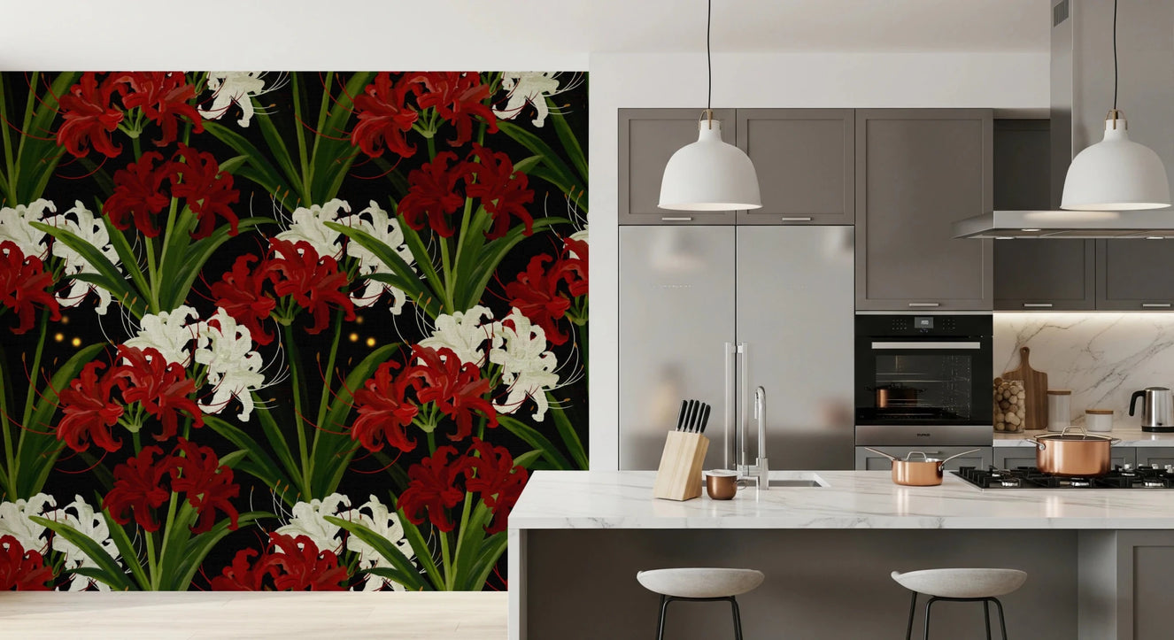 Kitchen with Lycoris Noir Wall Mural in red white floral pattern