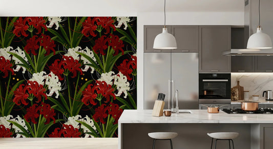 Kitchen with Lycoris Noir Wall Mural in red white floral pattern