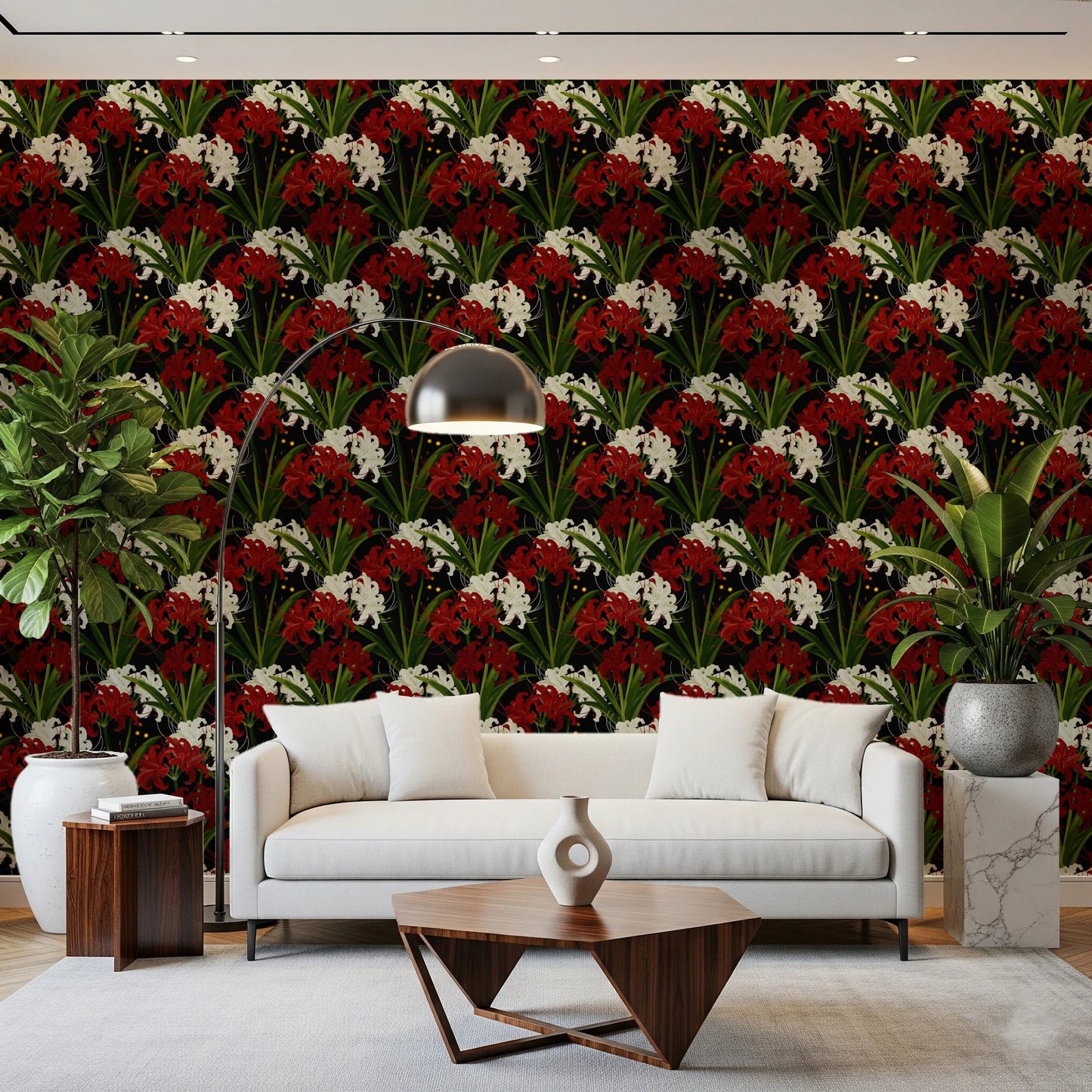 Stylized red spider lily blossoms in a dark print.