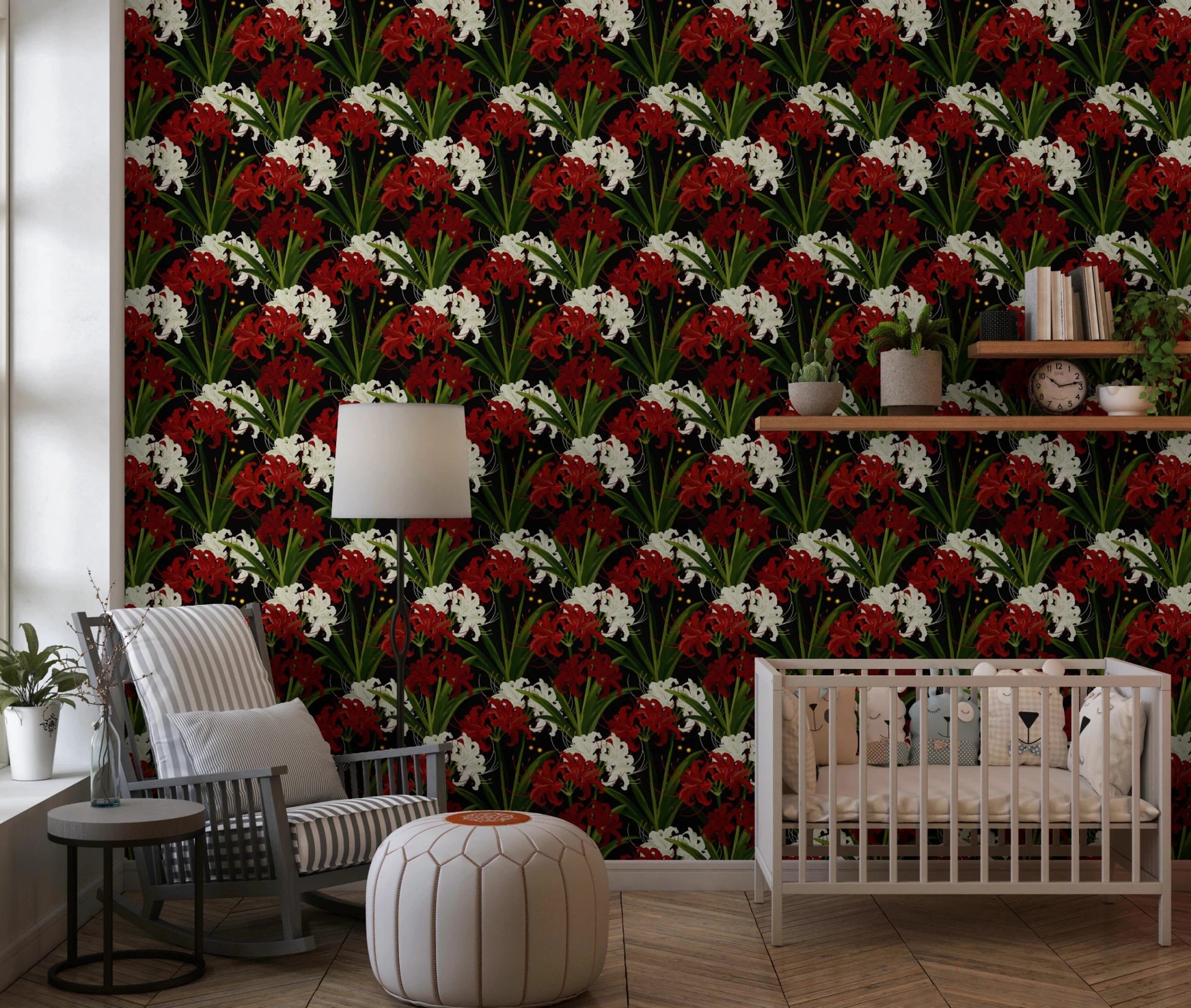 Intricate spider lily floral pattern for wall decor.